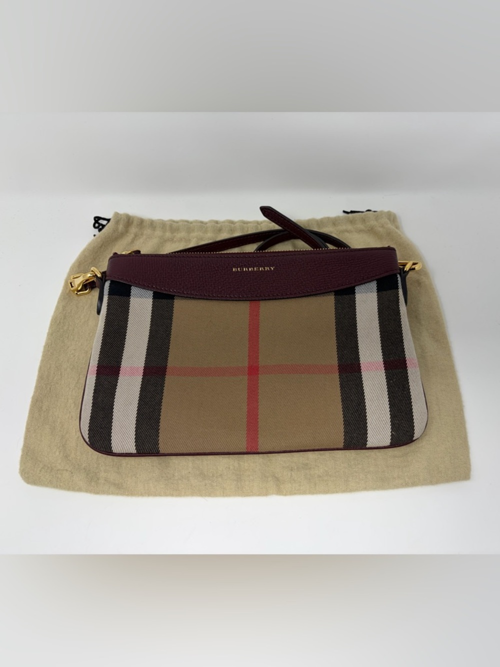 Burberry Tan Nova Check Crossbody with Maroon Leather Trim